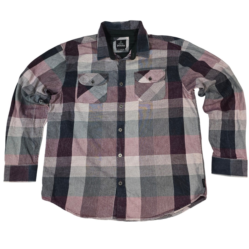 Prana Mens XL Organic Cotton Plaid Flannel Button Down Shirt Burgundy Navy Grey
